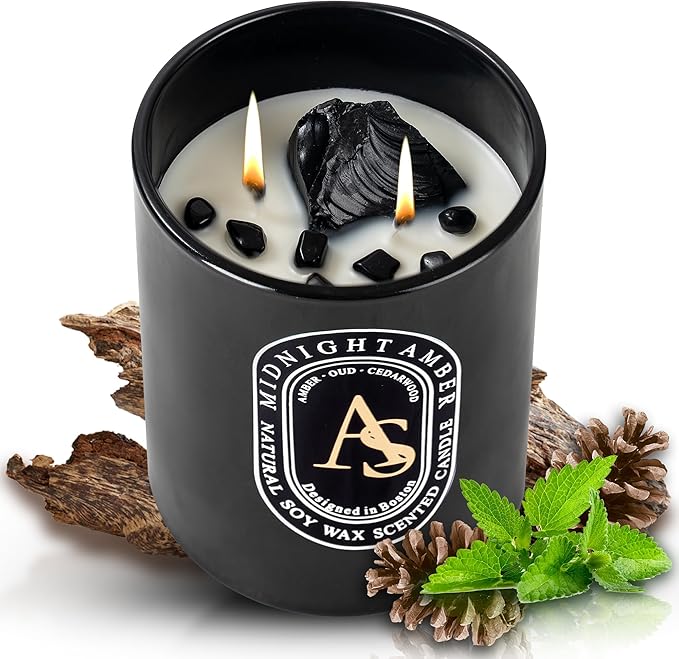 Amber Oud Scented Candle for Men 7.5oz, Coconut Soy Wax with Healing Crystals, Sage Candles for Cleansing House Negative Energy, Meditation Intention Decor, Manifestation Spiritual Gift