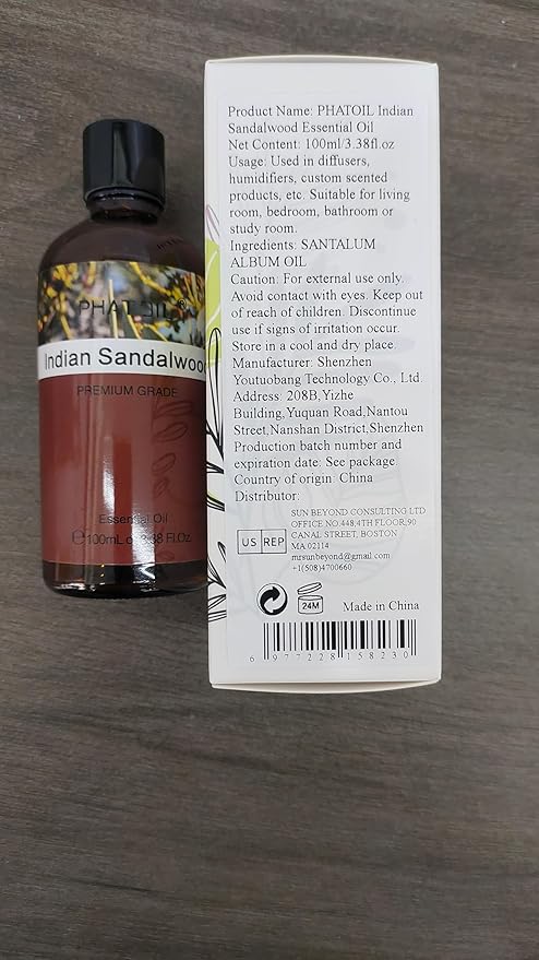 PHATOIL Indian Sandalwood Essential Oil, Pure Premium Natural Oil for Hair Care, Body Skin Care, Aromatherapy, DIY Candle, Soap Making 3.38Fl Oz