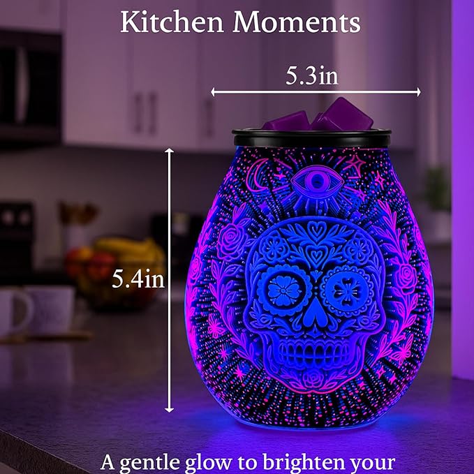 Leyoue 3D Glass Fireworks Electric Wax Melt Warmer with PTC Heating Plate 7 Colors LED Changing Light Wax Burner Melter Fragrance Warmer for Home (Skull Head)