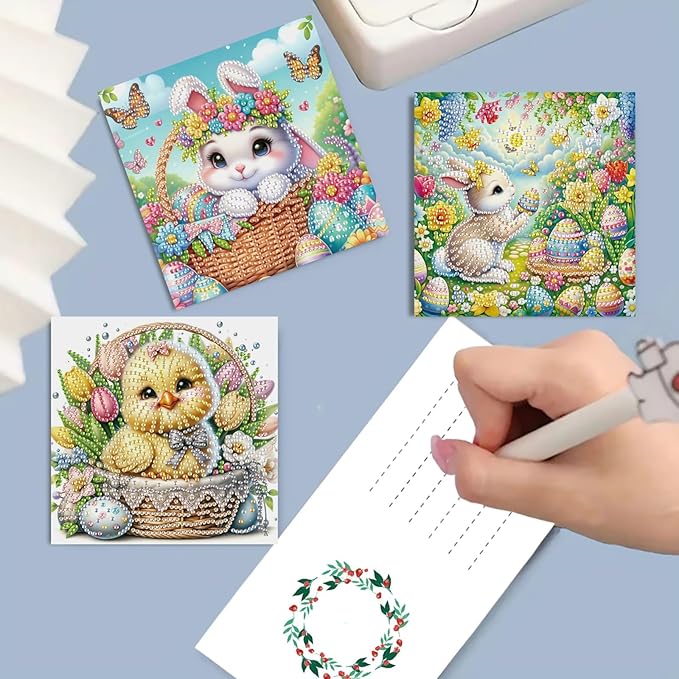 DoxQcs 5D Diamond Art Painting Greeting Cards Kit, DIY Cards for Blessings Congratulations Gifts, Greeting Card Set for Birthday Thanksgiving Day Christmas Halloween-Easter Rabbit