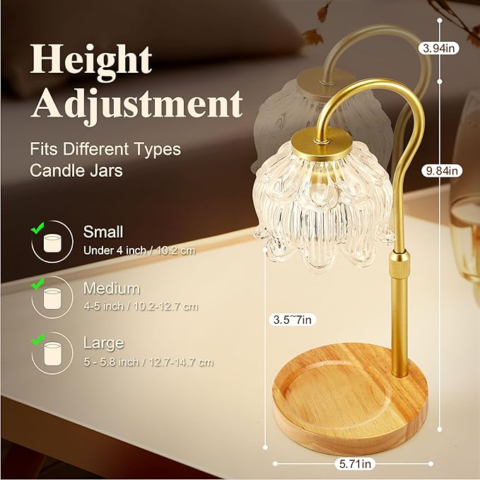 Dreamholder Electric Candle Warmer Lamp with Timer & Dimmer, Adjustable Height Wax Melt Warmer for Jar Candles, Wood Base Candle Melter, Floral Home Decor Gifts for Women, Mom, Gold