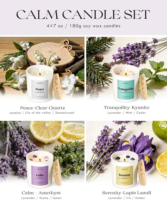 AOOVOO Stress Relief Candles Set for Women - 4 Pack Candles for Home Scented, 28 oz 200 Hour Burn, Aromatherapy Candle with Crystals, Peace/Tranquility Kyanite/Calm Amethyst/Serenity, Lapis Lazuli