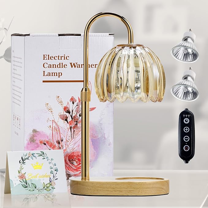 Candle Warmer Lamp with Timer Dimmer Adjustable Height, for New Home Decor,Valentine's Day, Birthday Gifts for Women,Wax Warmer Lamp for Jar Candles with 2 Bulbs(Gold)