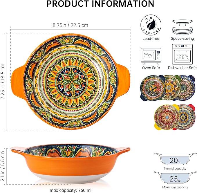 Henten Home Porcelain Pasta Bowls with Handle - 30 oz Ceramic Soup Bowls Set of 6, Colorful Serving Dishes for Salad, Cereal, Dinner, Bohemian Style, Microwave & Dishwasher Safe