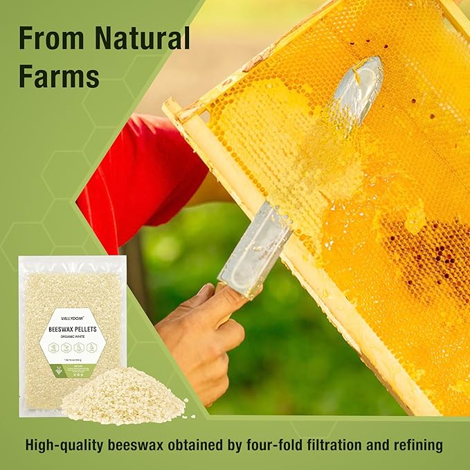 VALLYDOM Organic Beeswax Pellets - 453g White Beeswax Pastilles, Pure Natural Bulk Bees Wax Pellets for DIY Beeswax Making Candles Skin Care Lip Balm Soap Lotion (1lb)