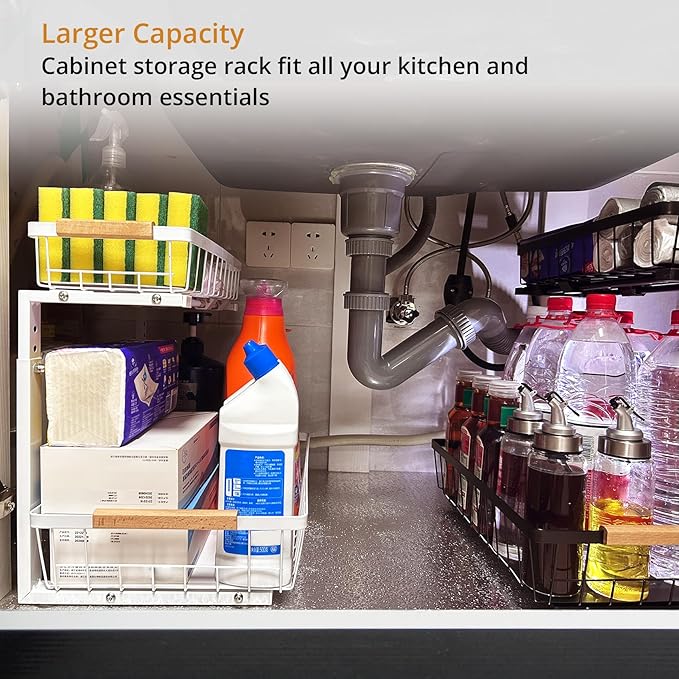 Under Sink Organizer, 2 Tier Pull Out Cabinet Organizers and Storage for Kitchen Bathroom Pantry Laundry, Adjustable Height, Slide Out Thickened Metal Storage Shelf (Black, 1 Pack)