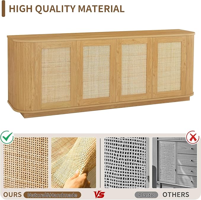 64" Sideboard Buffet Rattan Cabinet, Modern Fluted Credenza with Adjustable Shelves, Wooden Storage Cabinet TV Stand for Living Room Kitchen Dining Room Hallway, Natural