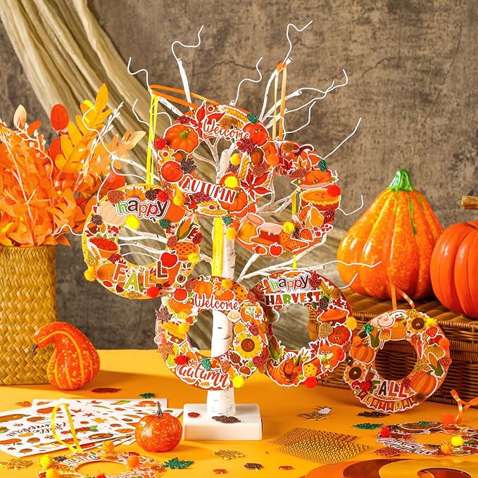 Hollowfly 48 Sets Wreath Craft Kits DIY Wreath Hanging Ornaments Make Your Own Paper Craft with Stickers for Home Party Favors Activities(Autumn)