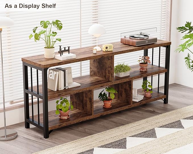 IBF Bookshelf, Farmhouse 63” Long Open Book Shelf, Wood Metal 5 Cube Bookcase for Living Room, Low Horizontal Bookshelf for Bedroom, Wide Cubby Storage Organizer for Home Office, Rustic Brown, 63 Inch