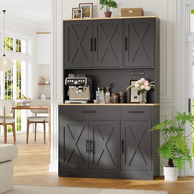 Vongrasig Farmhouse Pantry Cabinet with Charging Station, Tall Kitchen Pantry with Microwave Stand, Storage Drawers & Shelves, Large Kitchen Hutch for Living Room, Dining Room, Black