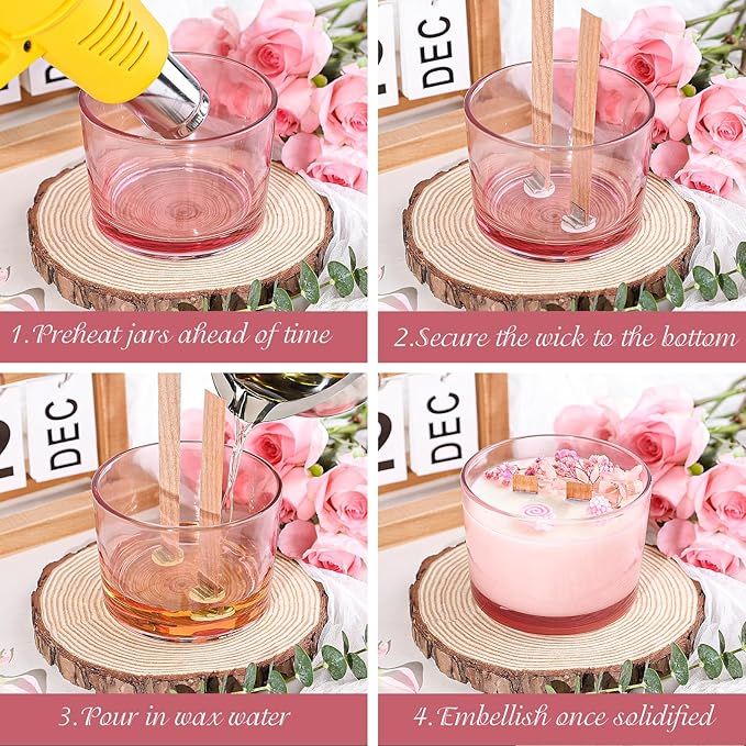 CONNOO 6 Pack 16 oz Candle Jars - 3 Wicks Pink Empty Glass Wide Mouth Candle Jars come with Metal Lids Sticky Warning Labels and a Candle Wick Kit for Candle Making- Dishwasher Safe