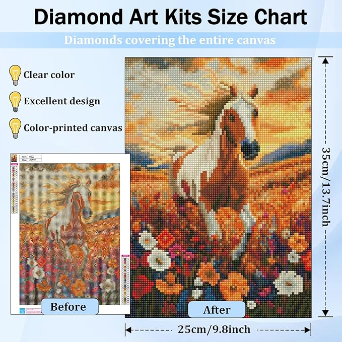 XTCIXAL Diamond Art Kits for Adults, Horse 5D Diamond Painting Kits Dots for Adults Beginner, DIY Horse Full Round Gem Crystal Art Paint by Diamond, Home Wall Decor 12x16 inch