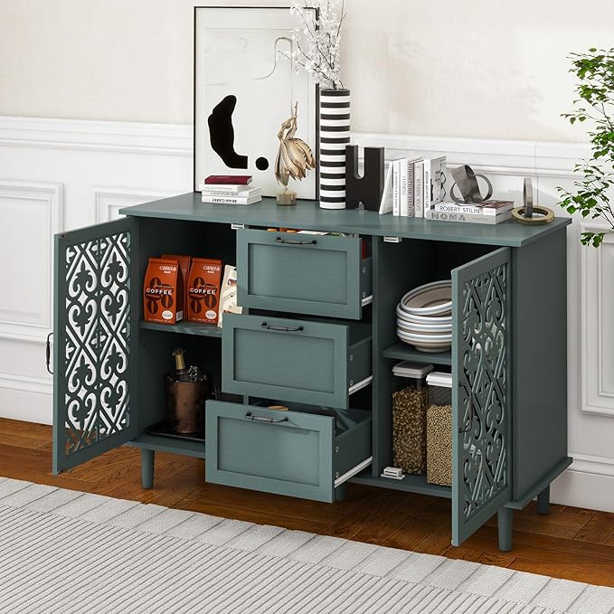 vistavie Green 2 Doors 3 Drawers Buffet Sideboard Cabinet - Accent Cabinet with Adjustable Shelves，47 Inch Wide Wood Storage Cabinets for Dining Room,Living Room and Kitchen