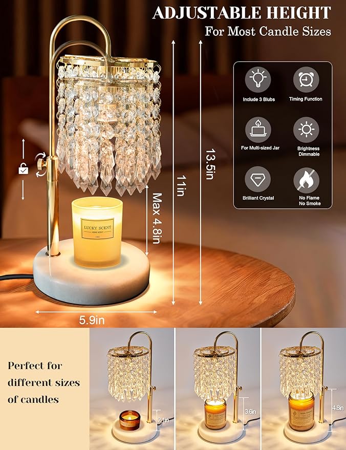 Candle Warmer Lamp with Timer Dimmable, Birthday Gifts for Women, Wax Melt Warmer for House Warming Gifts New Home Decor, Adjustable Height Crystal Candle Lamp for Jar Candles with 3 Bulbs, Gold