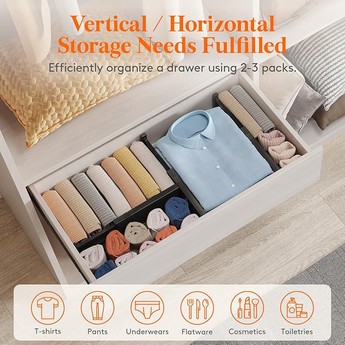 Lifewit 9 Pack Drawer Dividers 4" High 28-43.5cm/11-17" Adjustable Drawer Organizer for Clothes/Utensils, Expandable Drawer Separator in Dresser/Kitchen/Bedroom/Office Organization & Storage Black