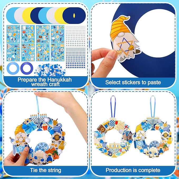 Hollowfly 48 Sets Hanukkah Wreath Craft Kits DIY Menorah Hanging Ornaments Make Your Own Hanukkah Craft with Stickers for Home Party DIY Activities