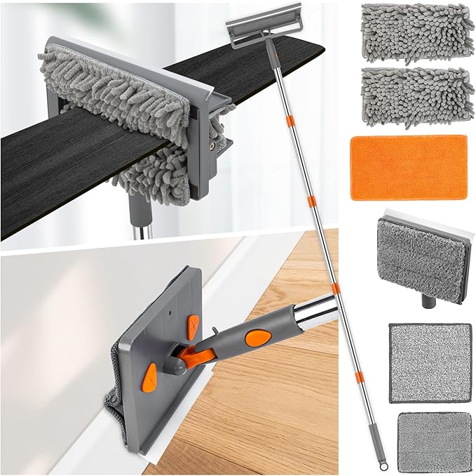 CALBEAU Ceiling Fan Cleaner Duster with 84'' Extension Pole, Baseboard Cleaner Tool with Handle, Reusable Chenille & Microfiber Pads for Dusting Ceiling Fan Baseboard Wall Window Floor