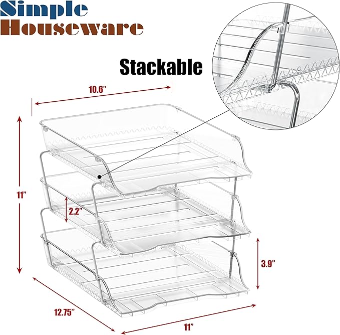 Simple Houseware 3-Tier Crystal Clear Stackable Document Letter Tray Paper Organizer - Desk Organizer for A4/Letter Size Documents, File Sorter, Paper Holder, Office Desktop File Storage, Acrylic Look