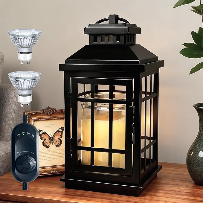 Black Candle Warmer Lamp with Timer - Flameless Enclosed Lantern Style Warmer for Large Jar Candles, Dimmable & Auto Shut-Off, Farmhouse Home Decor Housewarming Birthday (2 Bulbs)
