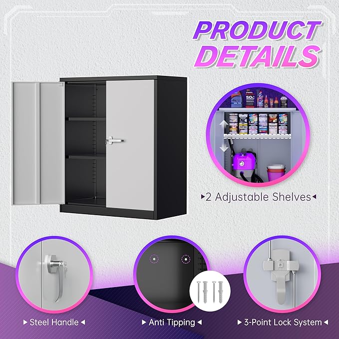 Superday 36" Metal Storage Cabinet, Garage Storage Cabinet with Locking Doors and Adjustable Shelves, Steel Lockable Cabinets, Tool Cabinets for Home Office, Garage, School（Black Grey）
