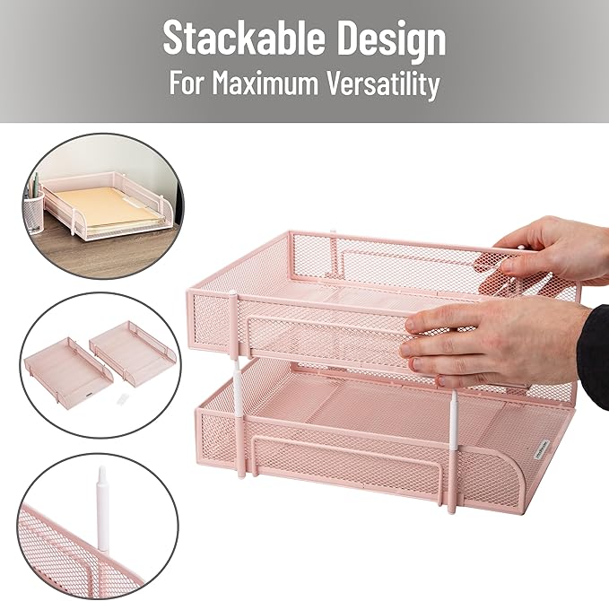 Mind Reader Stackable Paper Tray, Desktop Organizer, File Storage, Office, Metal Mesh, 2 Pcs, Pink