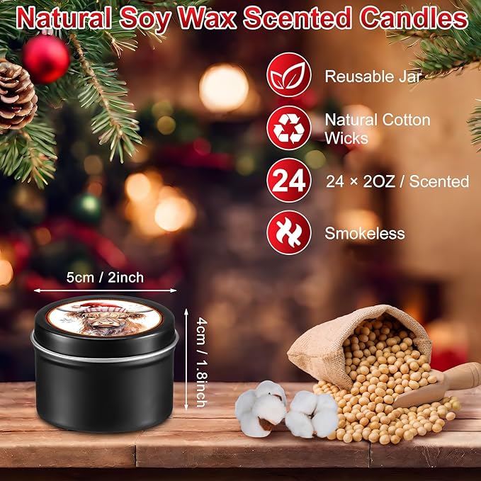 Nuanchu 24 Pack Christmas Scented Candles Gift Set Highland Cattle Candle for Her Him 2oz Natural Soy Wax Jar Long Lasting Aromatherapy Bulk Favors Set for Christmas Party Home Decor