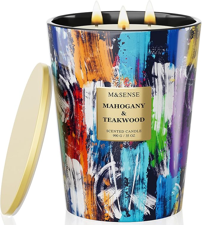 M&SENSE Large 3-Wick Teakwood Scented Soy Candle, 35oz 150 Hours Clean Burning Non-Toxic Candles, Home Office Essential, Fathers Day Business & Housewarming Gift