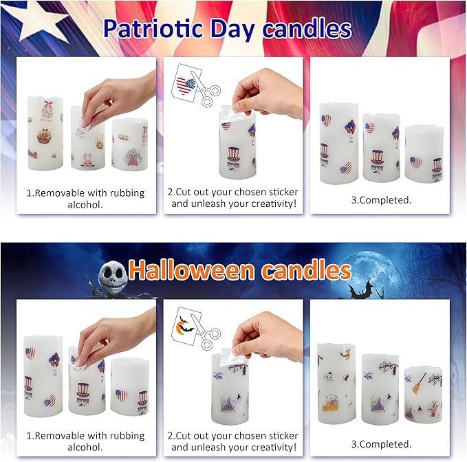Seasonal Flameless Candle Kit – 3 Reusable Battery Operated Wax Candles with Remote & Timer & 18 Festival DIY Stickers Designed for Party Decor, July 4th, Halloween, Thanksgiving, Christmas & Easter