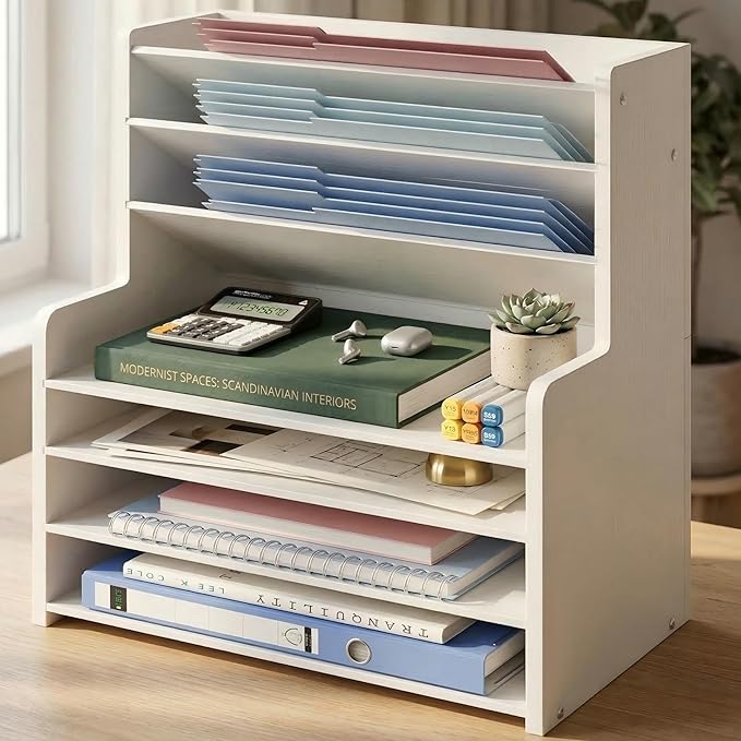 7 Tier White Desk Organizer for Office Organization, Wood Paper Organizer for Desk, Vertical Desktop File Folder Holder & Letter Tray, Aesthetic School Storage Orgnizer Shlef