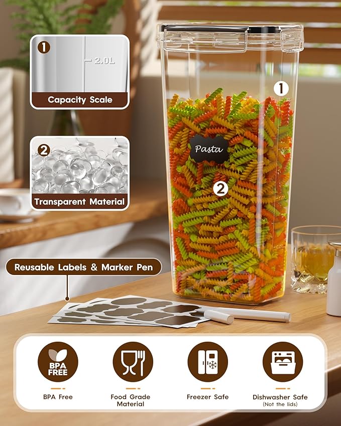 KEMETHY 15 Pack Airtight Food Storage Containers with Lids, Kitchen Pantry Organizers and Storage, BPA-Free Plastic Food Canisters for Cereal, Flour, Sugar, Pasta, Dry Food, Include Labels & Marker