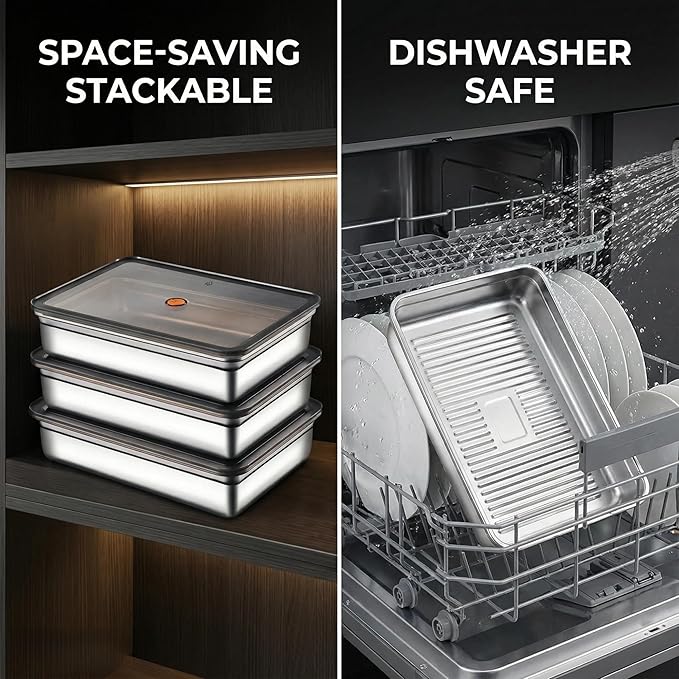 Stainless Steel Food Storage Containers, Silver, Airtight with Vacuum Seal, Stackable Rectangular, 3-Piece Set, BPA-Free Lids, for Meal Prep and Leftovers Storage(Shallow- 1.9'' Height)