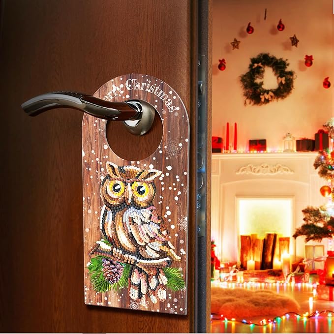 Owl Diamond Art Painting Christmas Door Knob Hanger Signs DIY Kits 5D Diamond Art Wood Christmas Door Handle Hanging Ornaments Special Shaped Rhinestones Paint by Number Stitch Room Front Door Decor