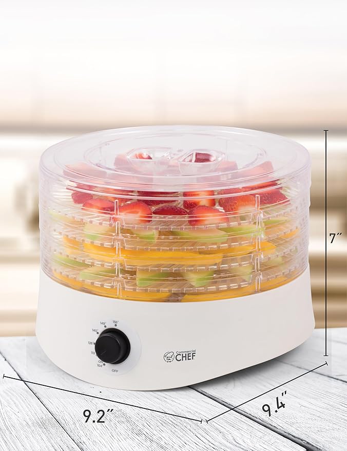Commercial Chef Food Dehydrator, Five 9.25” BPA-Free Plastic Trays, Dehydrates and Dries Meat, Fruit, Veggies and Jerky, 280W Dehydration Machine, Adjustable Thermostat, CCD100W6, White