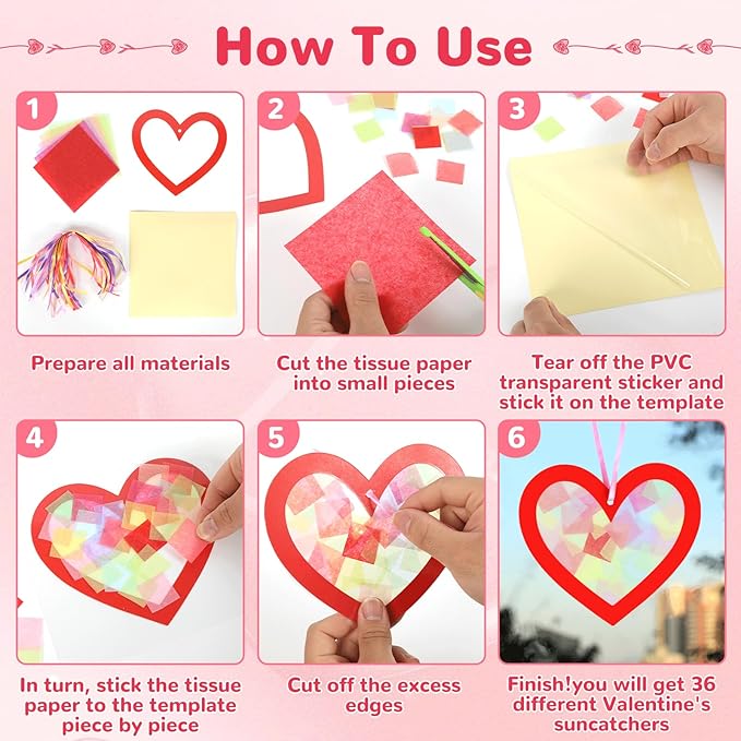 Qyeahkj 36 Set Valentine's Day Suncatchers Craft for Kids DIY Heart Window Tissue Paper Crafts Kit Red Heart Hanging Decor for Valentine School School Home Activity Art Project Party Favor Gift