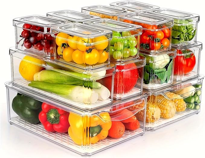 INNOVATIVE LIFE 14 Pack Refrigerator Organizers and Storage, Stackable Fridge Organizer Bins with Lids, BPA-Free Produce Fruit Storage Containers for Storage Clear for Food, Vegetable Storage