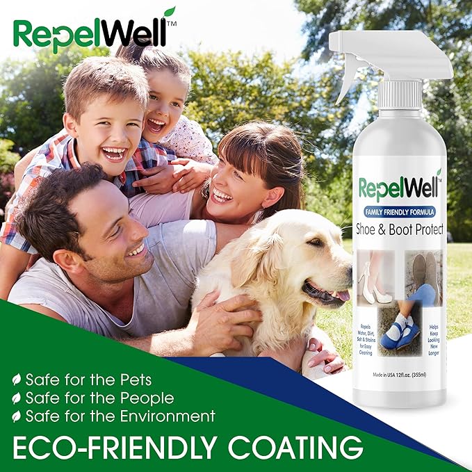 RepelWell Shoe & Boot Stain & Water Repellent (12oz) Eco-Friendly, Pet-Safe Spray Keeps Fabric, Leather & Suede Clean & Dry