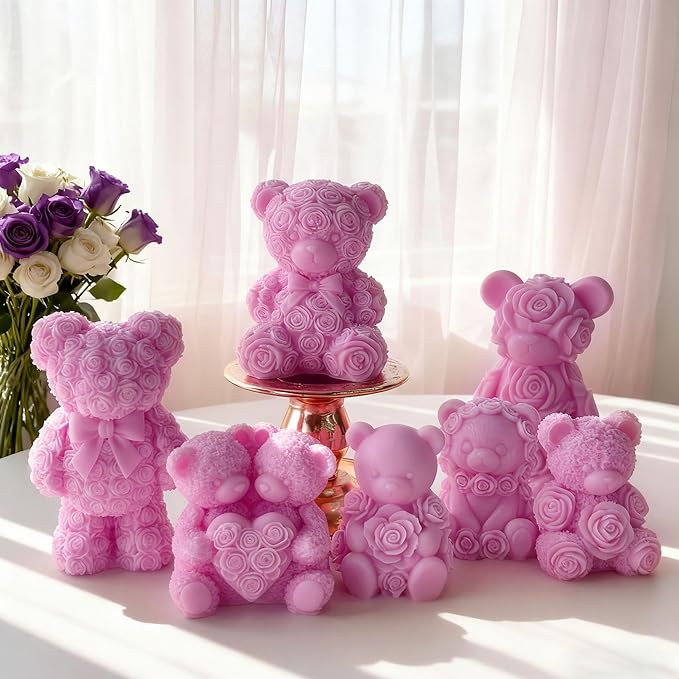 Rose Bear Heart Cylinder Candle & Resin Mold - Resin Casting Silicone Molds for Home Decor & Candle Making Wave Spiral Mold