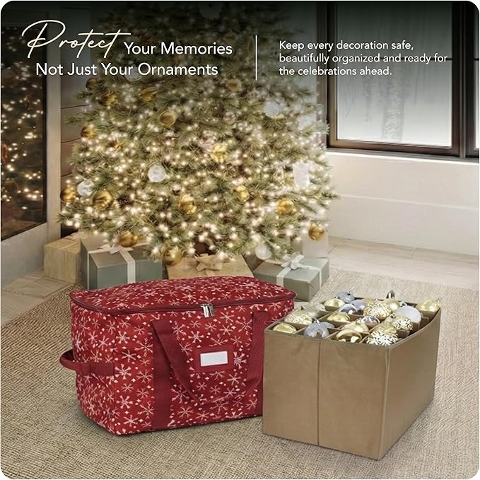 Covermates Keepsakes Adjustable Ornament Storage Bag – Heavy-Duty Polyester, Padded Dividers & FlexGrid Trays – Protective Holiday Ornament Organizer with Handles & Label Window, Red Snowflake
