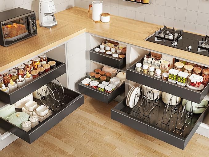 Seinloes 6 Pack Pull out Cabinet Organizer 21"Deep with Raising Pad for Framed Cabinets, Expandable Slide out Drawers for Kitchen Cabinets with 6pcs Divider Racks, Roll out Shelves 12.1"-20.4" W Black