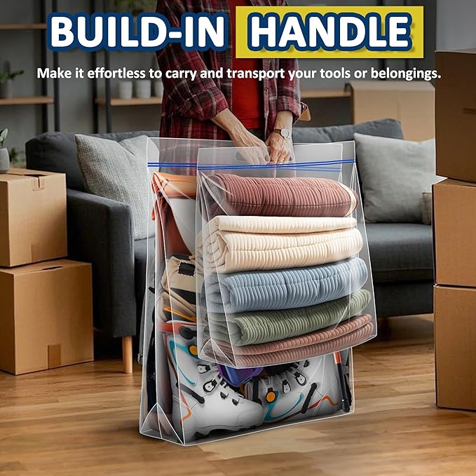 15 Gallon Large Resealable Storage Bags with Zipper Top，24" x 24" Heavy Duty Clear Bags with Handles, 4 Mil Thick, Perfect for Clothing, Pillows, Travel, and Moving (5 Packs)
