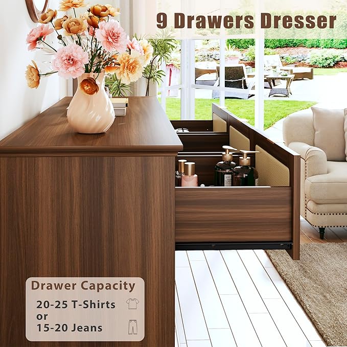 HUAHUU 9 Drawer Dresser for Bedroom, 60 Inch Long Dressers & Rattan Chest of Drawers, Boho Style, Large TV Stand for 55, 65, 70 Inch TV, for Bedroom, Living Room, Entryway, Hallway, Walnut
