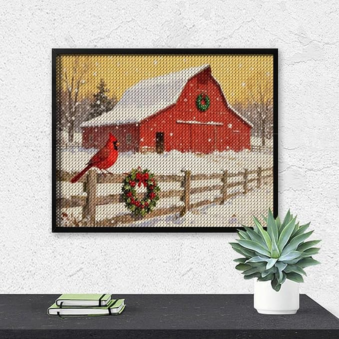AIVKIEJK Diamond Painting Kits for Adults - Christmas Winter Cardinal, Red Barn Scene Painting DIY 5D Full Drill Diamond Dots Paintings with Diamonds Gem Art and Crafts Home Decor 16"x20"