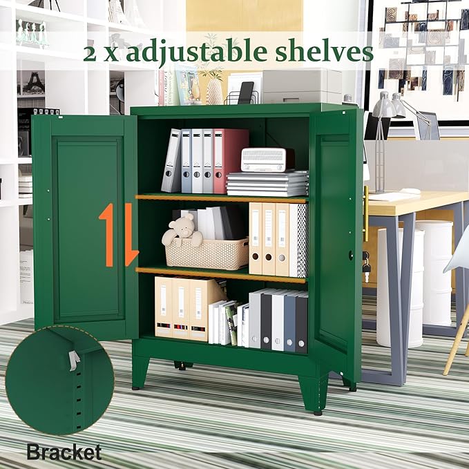 Green Metal Storage Cabinet, 36" Tall Locking Storage Cabinet with 2 Adjustable Shelves, Steel Locker Organizer, for Office, Home, School, 11.81" D x 23.62" W x 35.83" H