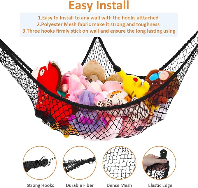 Toy Hammock for Stuffed Animals, Stuffed Animal Hammock Net Jumbo Plush Toy Storage Cornet Net 70" Wall Sling Large Teddy Bear Mesh Toy Net Organizer Black