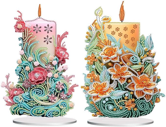 5D Diamond Art Candle Ornaments Kits, DIY Christmas Flower Candle Diamond Art Painting Desktop Ornament, Special Shaped Crystal Diamond Art Painting Tabletop Home Office Decor-2PCS-B