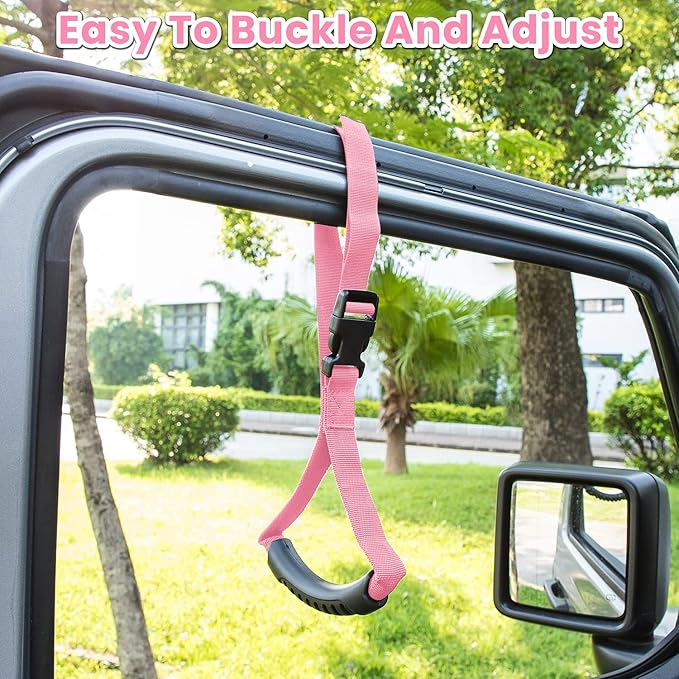 E-cowlboy Auto Cane Grab Handle - Adjustable Standing Aid Safety Portable Vehicle Support Bar With Nylon Grip - Mobility Assist Device (Pink)