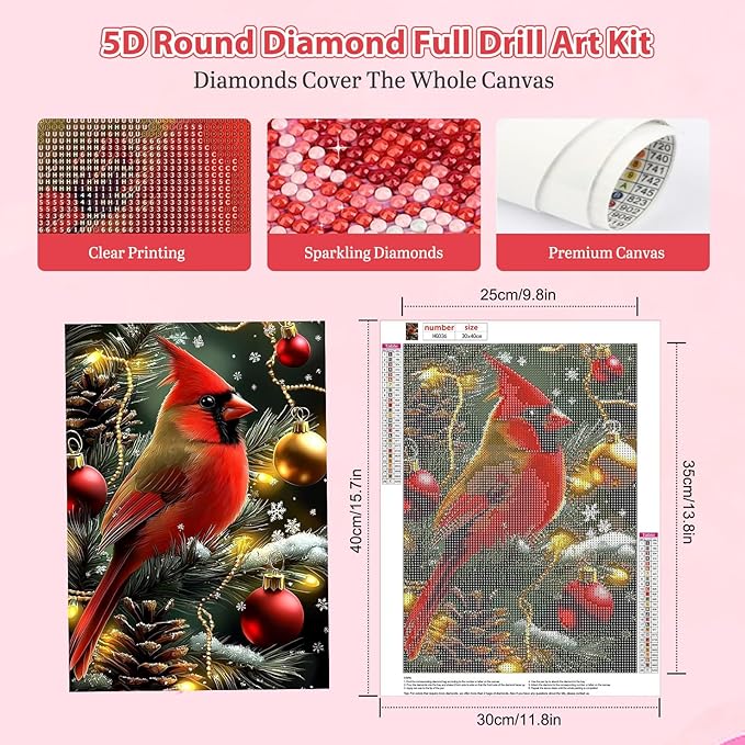 Genius maker Christmas Cardinalk Diamond Painting Kits for Adults, 5D Diamond Art Kits for Adults Beginners, DIY Full Drill Gem Art Diamonds Painting Pictures Crafts Kit for Home Wall Decor 12x16inch