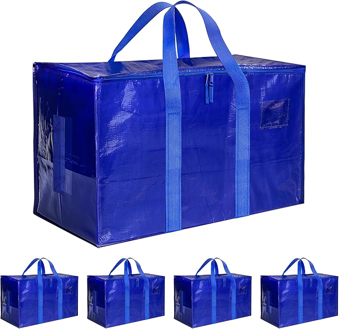 Simple Deluxe 4 Pack Extra Large Moving Bags with Lids, Reinforced Handles and Zippers, Heavy Duty Storage Tote for Moving Travel Camping Space Saving, Blue