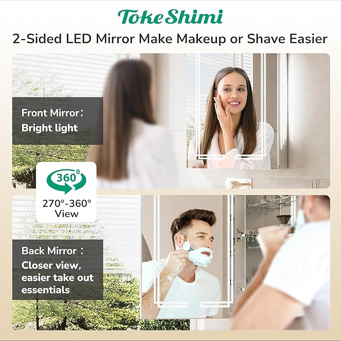 TokeShimi 40x32 Inch LED Medicine Cabinet with Lighted Mirror, 3 Color Stepless Dimming Bathroom Cabinet with Defogger Tempered, CRI 80+, Anti-Fog, Memory Funtion, Wall Lit Mirror with Storage
