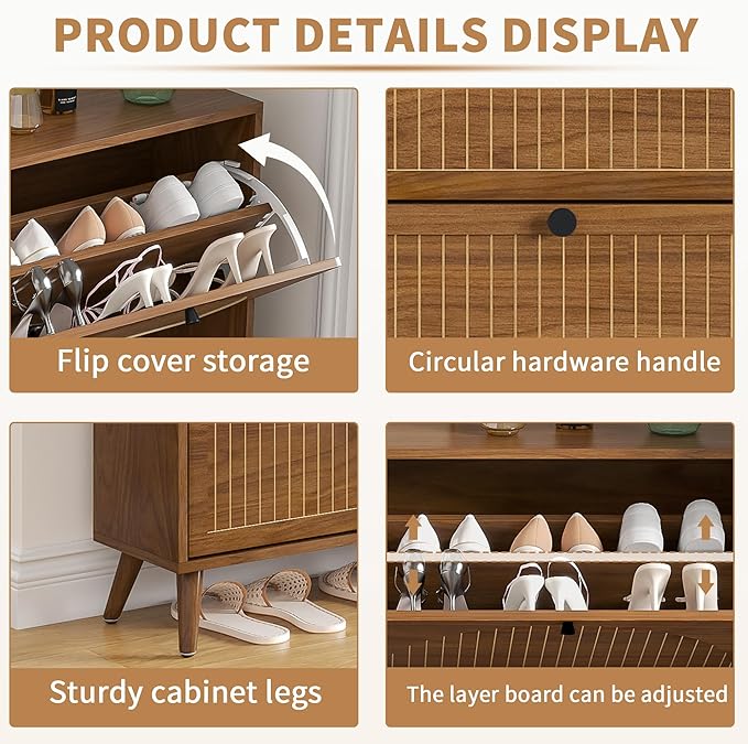 Fsbecl Shoe Storage Cabinet for Entryway with 4 Flip Drawers, Narrow Shoe Organizer with Fluted Panel, Freestanding Wood Hidden Shoe Cabinet (Walnut, 4 Flip Drawers)